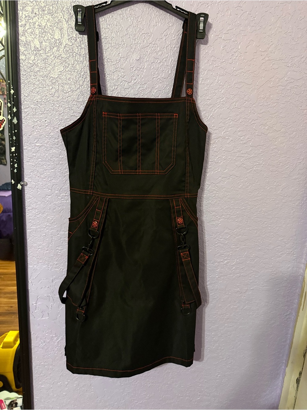 Killstar Black Mini Pinafore Dress with Orange Stitching
